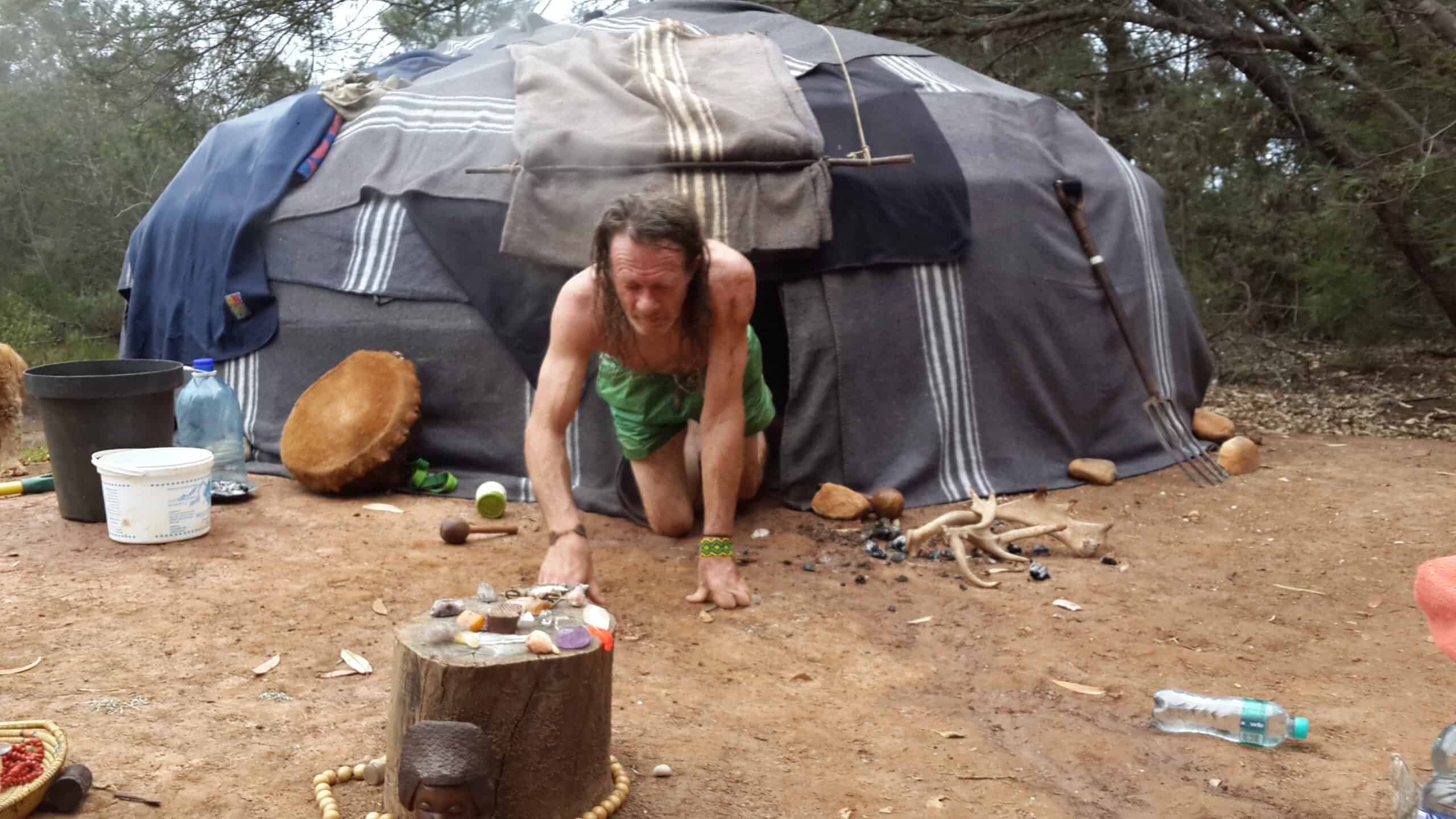 Niyan exiting the Sweat hut