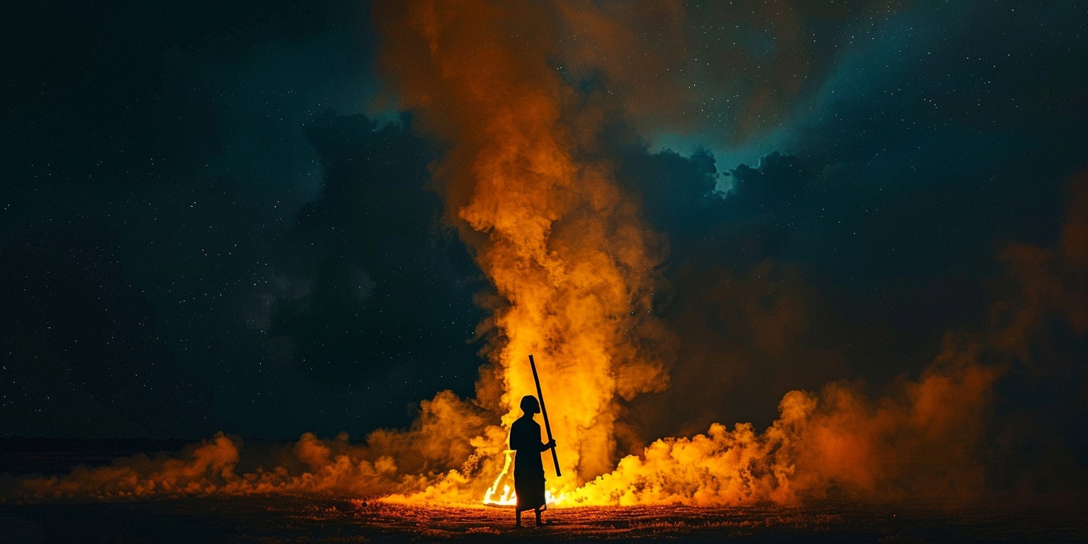 A lone ceremonial figure silhouetted against the landscape
