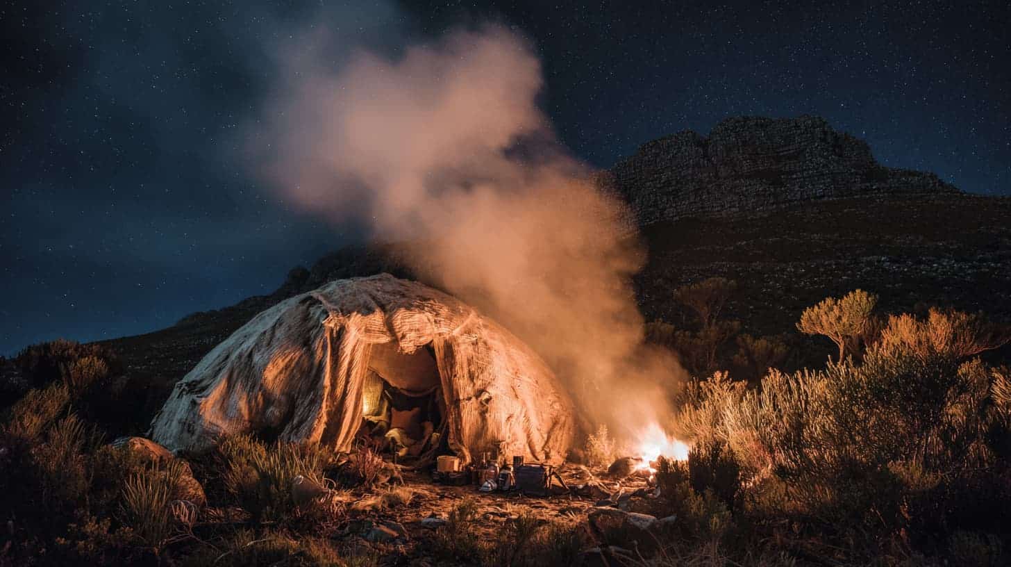 A low bamboo dome covered in blankets on the slopes of Table Mountain at night with a fire burning beside it