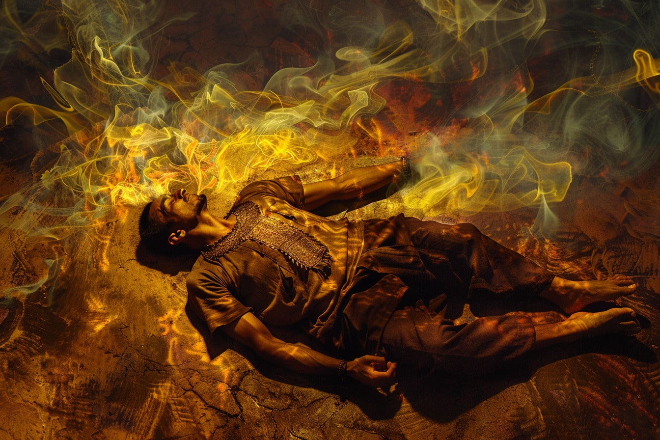 Close view of a figure lying on their back during a sound journey