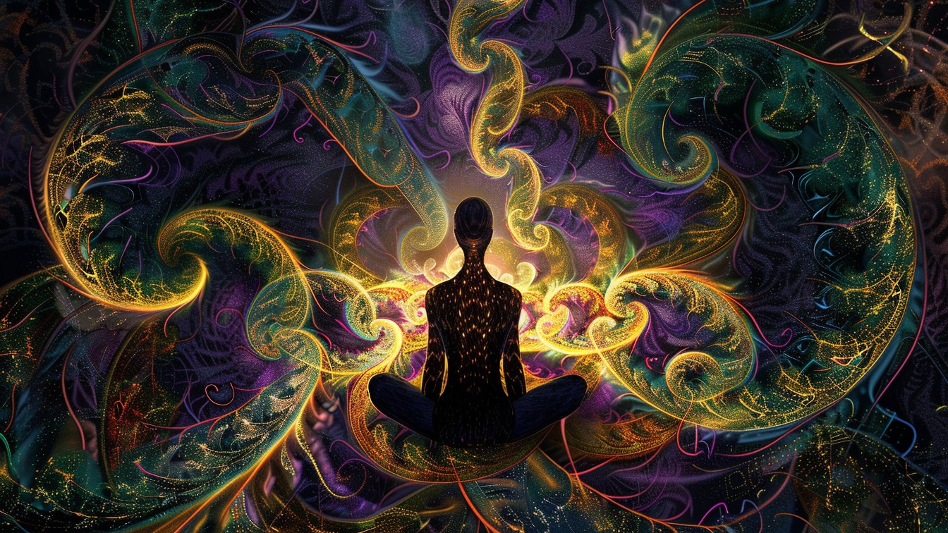 A human figure dissolving into a vast living fractal
