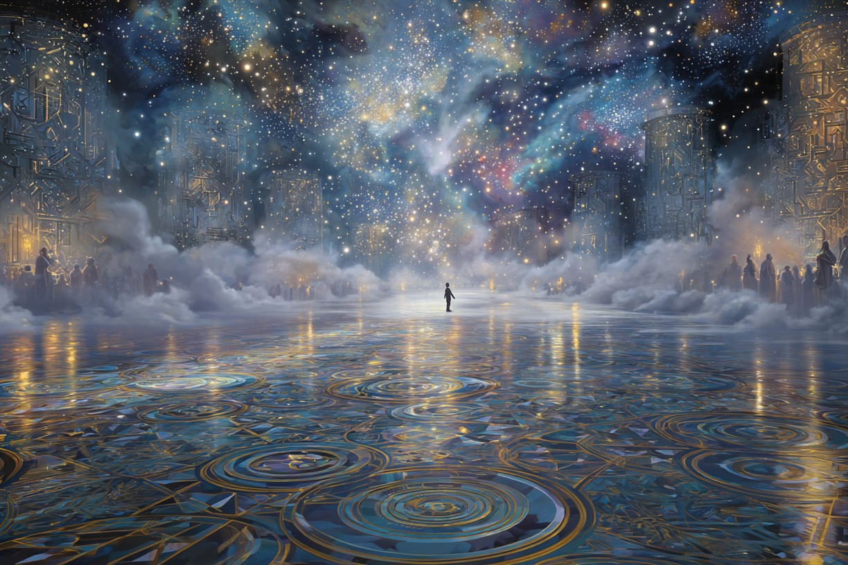 A vast ceremonial space dissolving into cosmic imagery