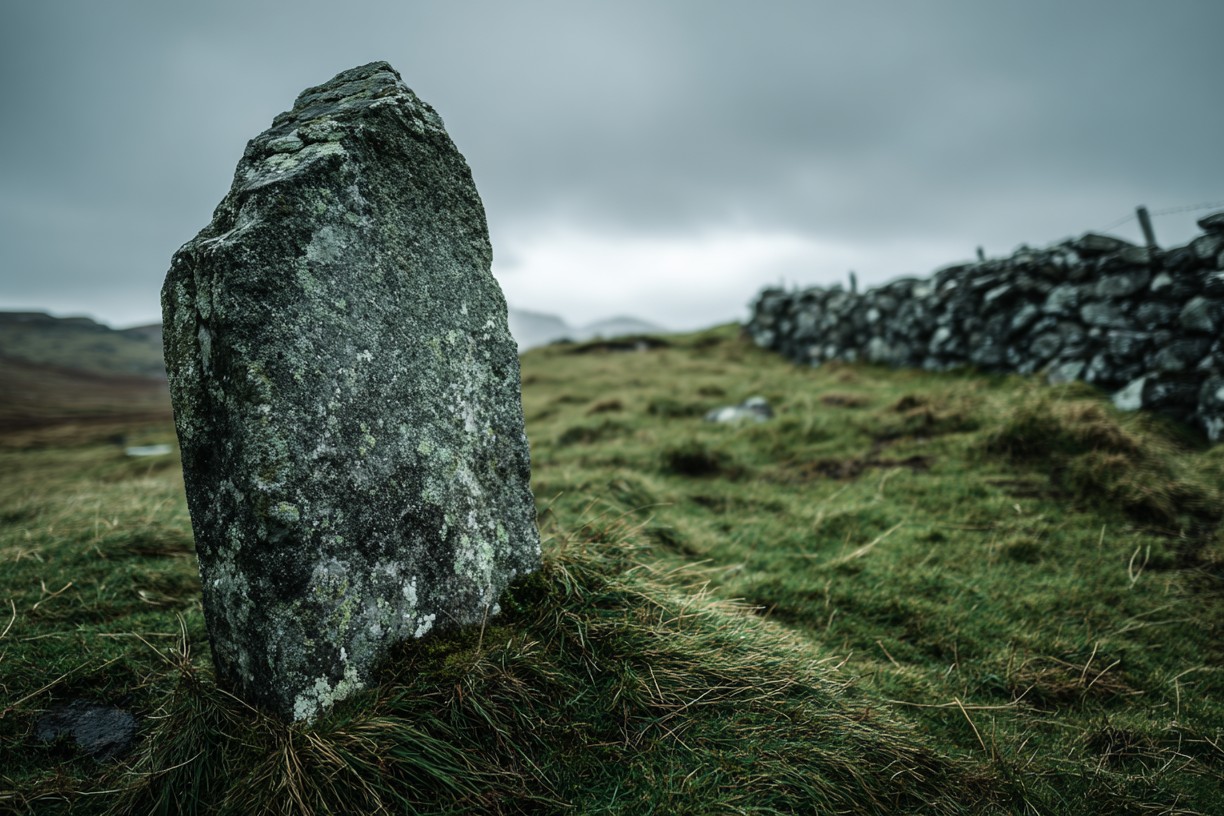 A weathered granite gravestone on a windswept Scottish hillside