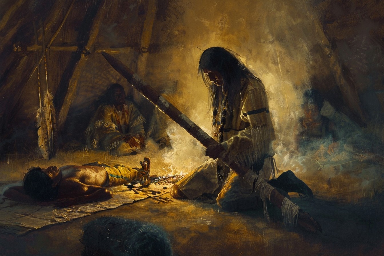 Interior of a canvas tipi at night, firelight flickering through