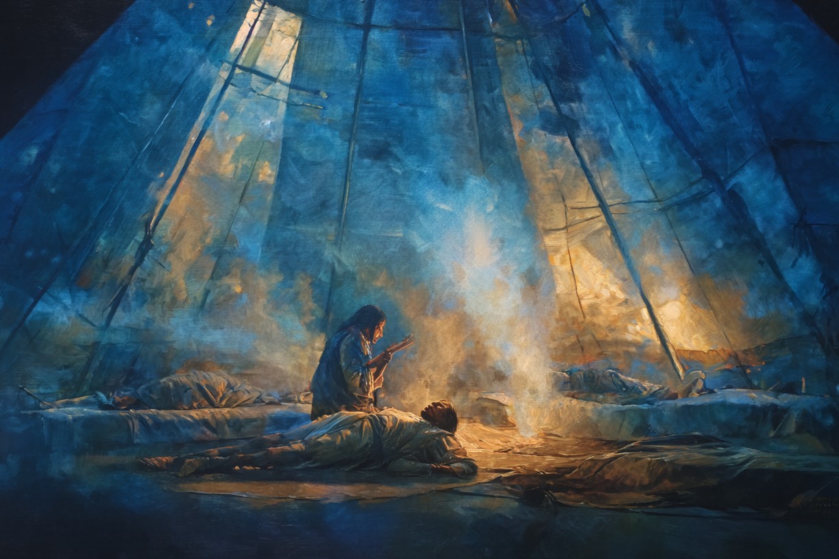Firelight inside a canvas tipi at night